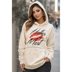 Hotter Than Most Hoodie Sweatshirt Cream Graphic Print Pullover Hooded medium